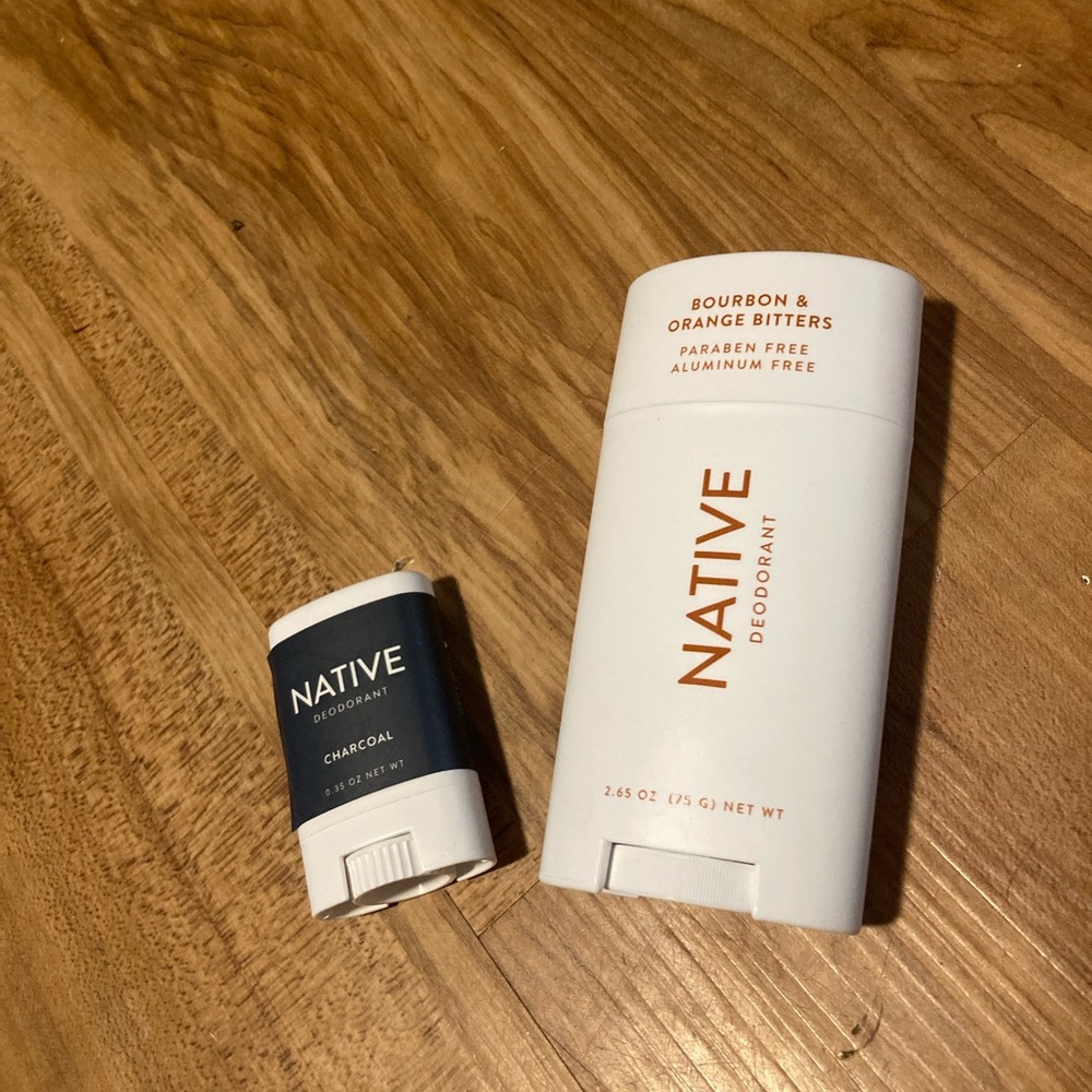 Native deodorant (regular Bourbon and Orange Bitters and travel Charcoal), new